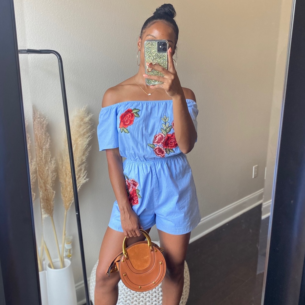 Floral pinstriped off-the-shoulder romper